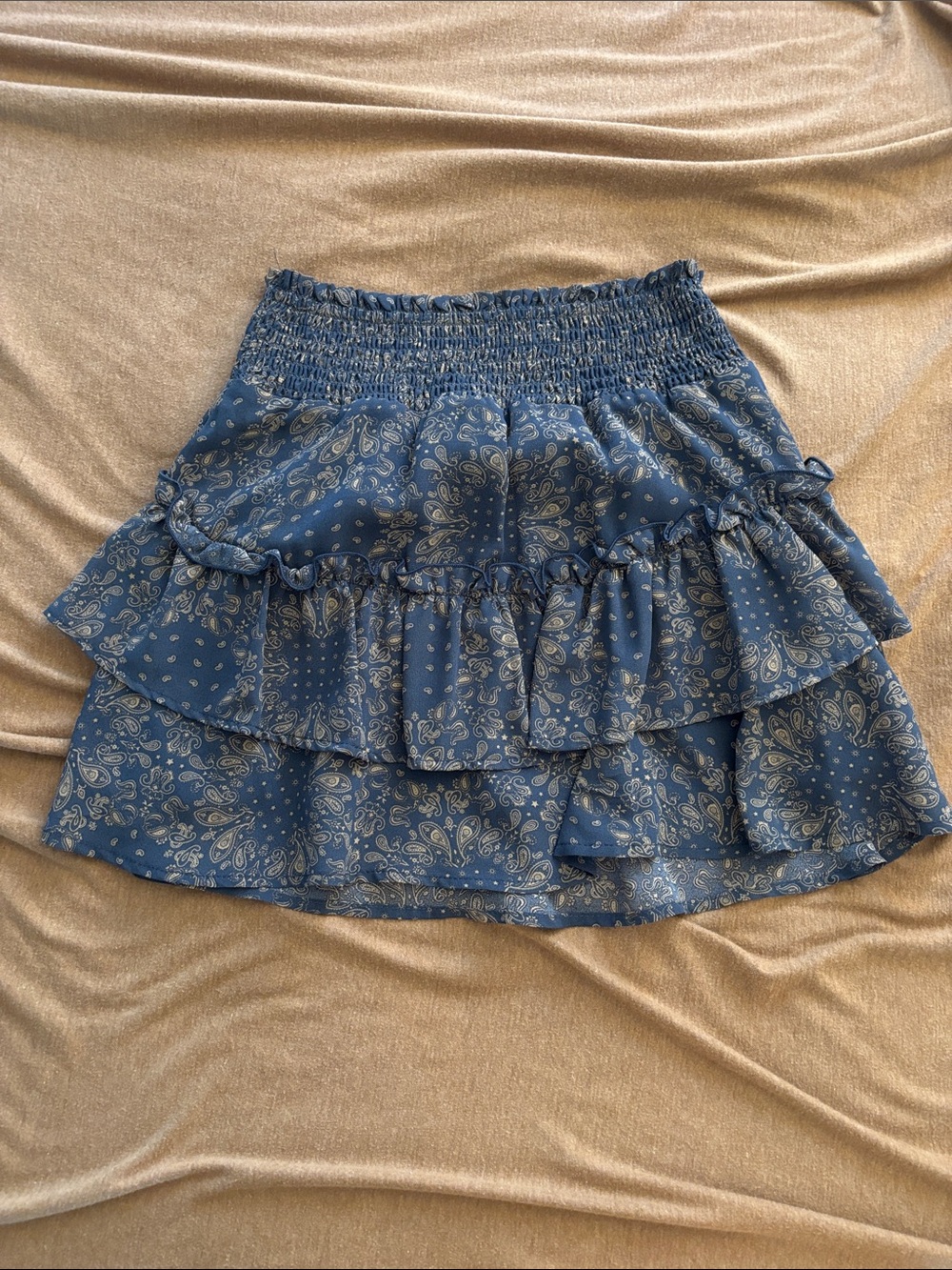Altar'd State Denim Blue Paisley Ruffle Mini Skirt
